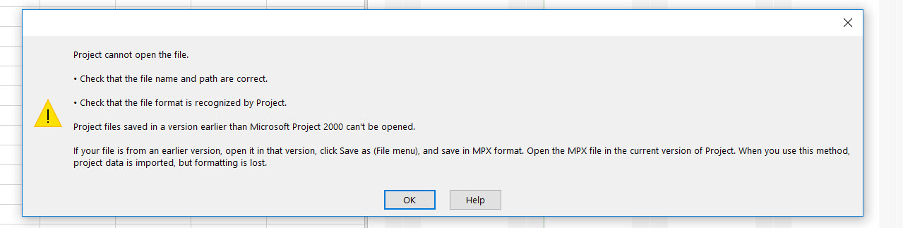Datei ist beim Öffnen der MS-Projektdatei nicht auf Fehler gestoßen